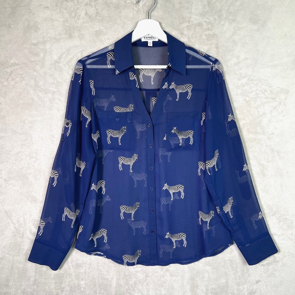 Express Portofino Shirt‎ Small Sheer Blue Zebra Button Down Safari Office Chic